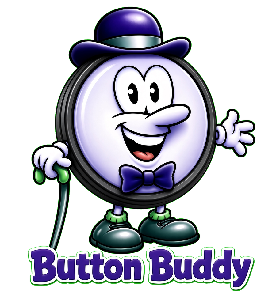 Button Buddy, a round purple talking-button mascot in a bowler hat and bow tie, waving hello and leaning on a cane